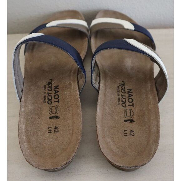 Naot Women's Sz 42 US 11 White/Blue/Khaki Leather Frankie Slide Sandals $140 - Picture 3 of 8